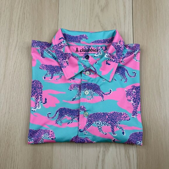 Chubbies Men's Pink Blue Leopard Performance Short Sleeve Golf Polo Shirt Sz XL - Picture 1 of 12